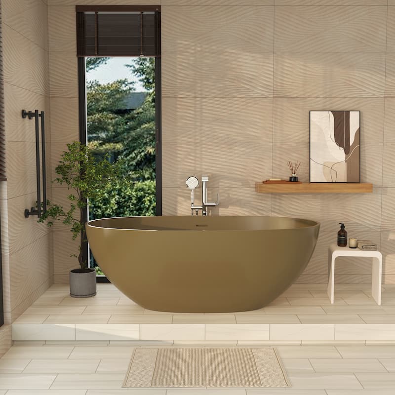 61 in. Freestanding Solid Surface Soaking Bathtub in Camel, Modern Design with Center Drain