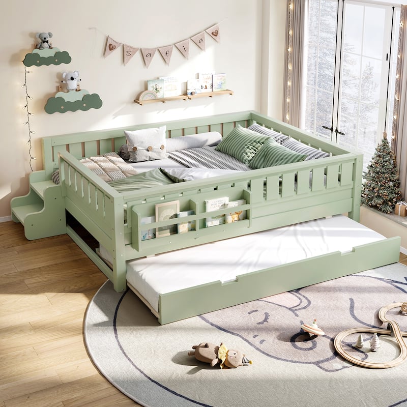Montessori Toddler Bed with Fence, Low Profile Platform Bed for Kids with Trundle, Built-in Bookshelf and Small Staircase - Avocado Green - Full