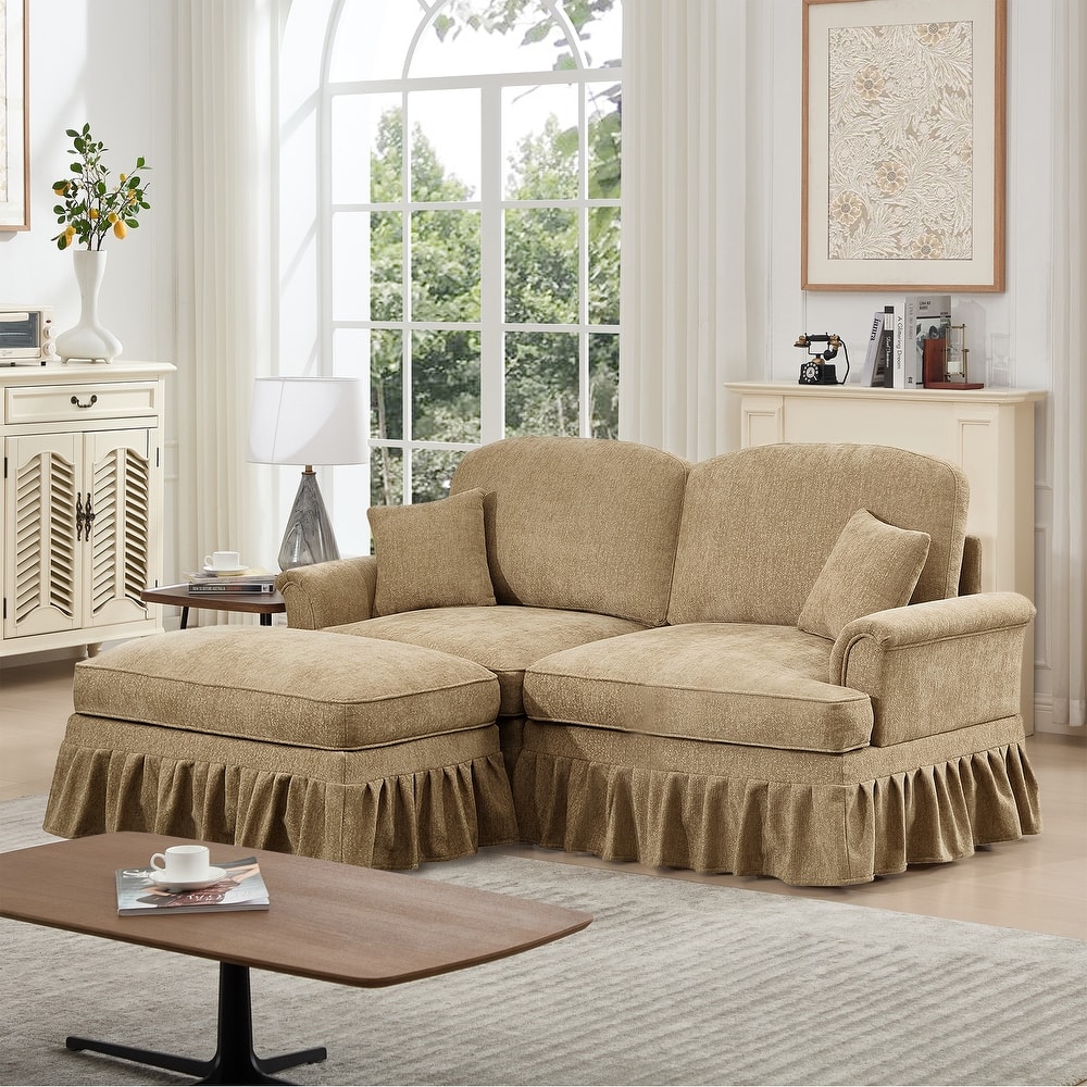 2-Seater L Shaped Sofa Couch, Lounge Sofa with Removable Ruffles Pleats Skirts, Loveseat Sofa with Movable Ottoman