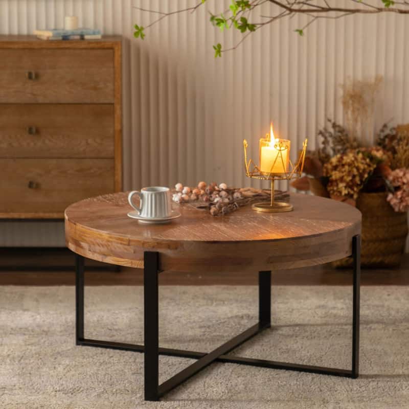 Modern Retro Round Coffee Table with Gold Cross Legs