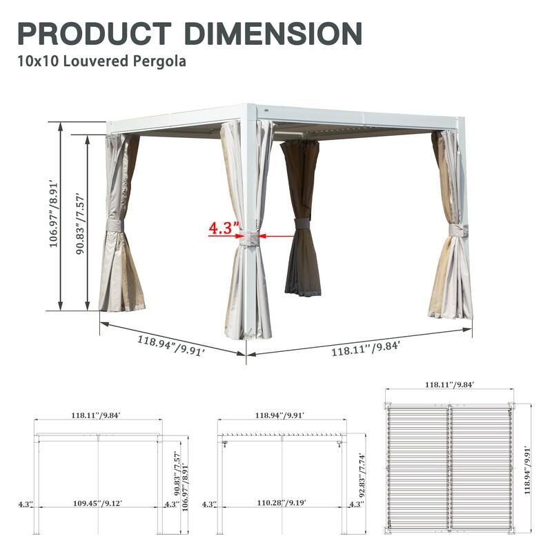 Domi Louvered Pergola 10' x 10', Aluminum Outdoor Pergola with Adjustable Louvers, Full Aluminum Frame, Built-in Gutter System - 10'×10' - White