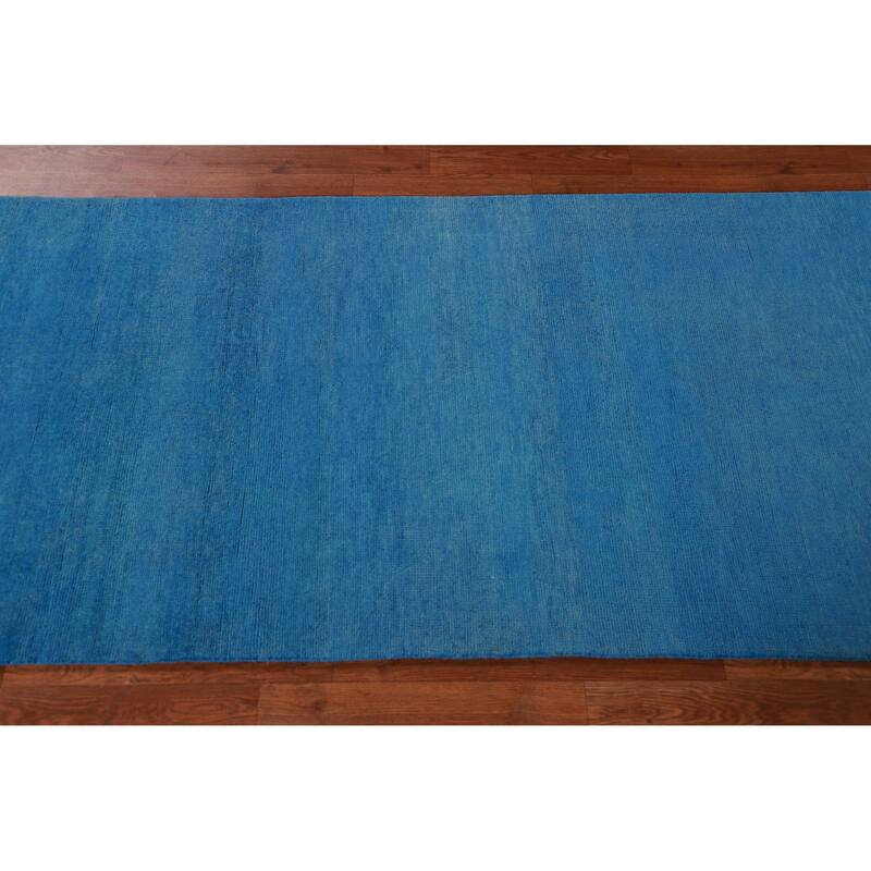 Hand Knotted Oriental 100% Wool Carpet Modern Solid Navy Blue & Blues Gabbeh Runner Rug - 8' 1'' X 3' 0''