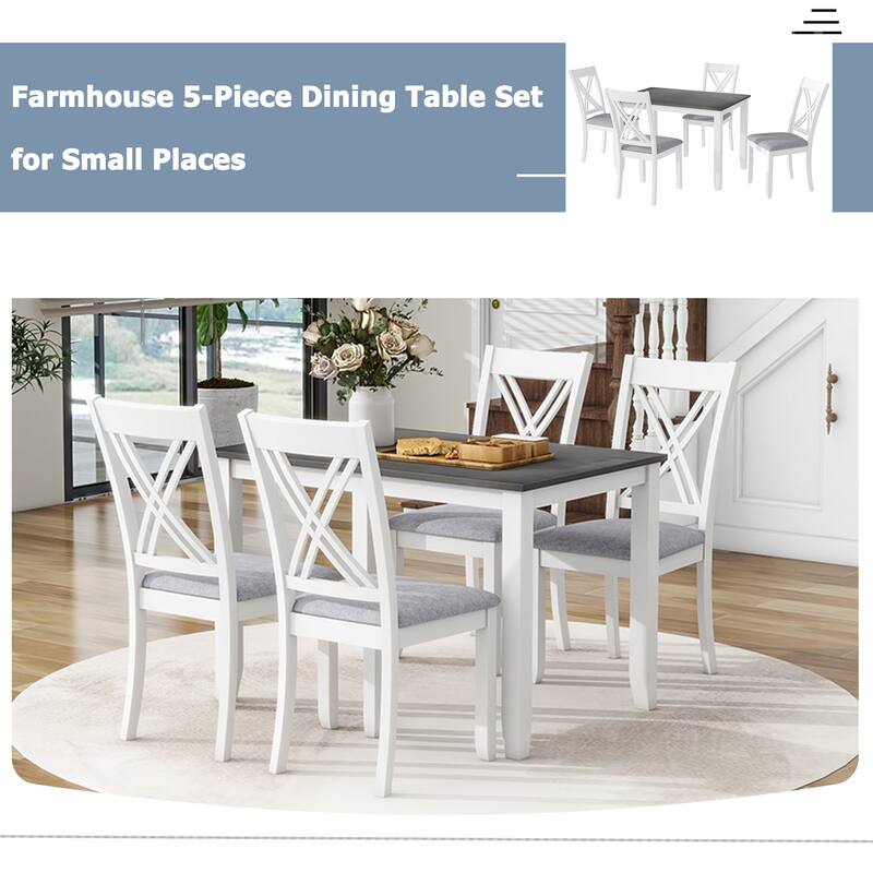 Grey Rustic 5-Piece Wooden Dining Table Set with Rectangular Table & 4 Chairs