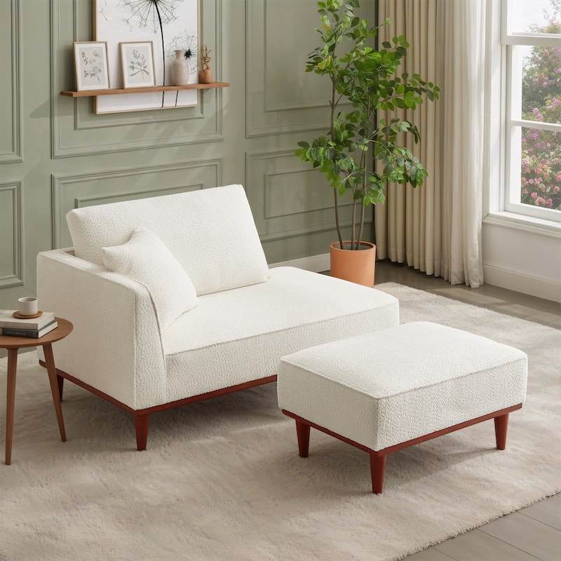 Upholstered Chaise Lounge and Stool for Living Room Bedroom, Quick assembly and maintenance Round wooden legs - White