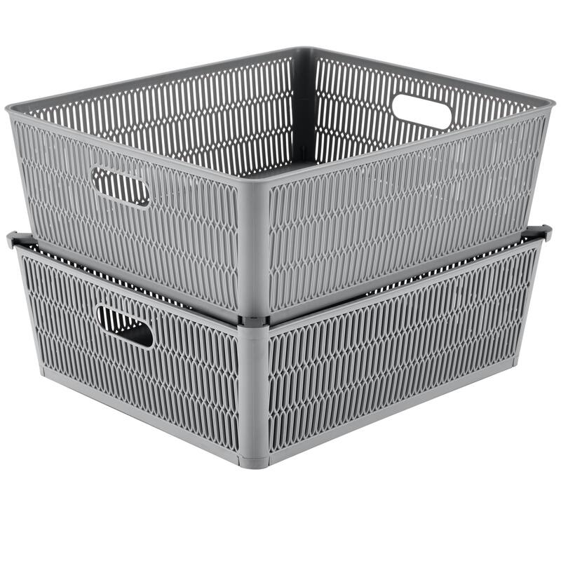 Simplify 2 Pack Slide 2 Stack It Shallow Storage Tote Baskets - 15" x 13" x 5" - Grey