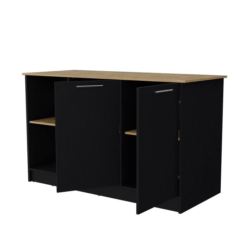59" Kitchen Island with Large Countertop, Double-Door Cabinets, and Open Shelves, Ideal for Storage & Workspace