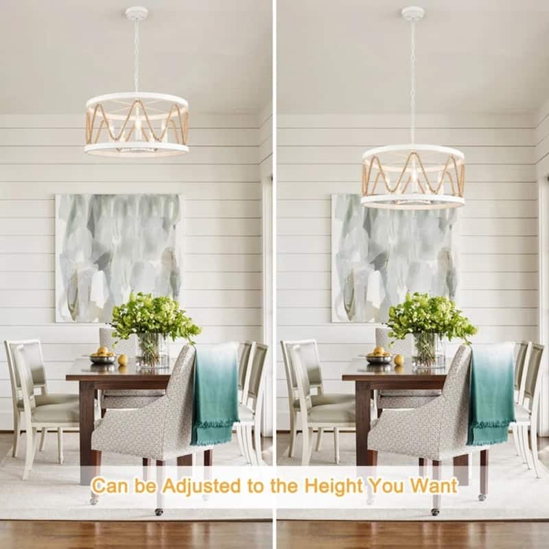 Modern 5-Light Hand-Woven Hemp Rope Drum Chandelier for Dining Room, Classic Semi Flush Mount Chandelier - W19.68"x H9.44"