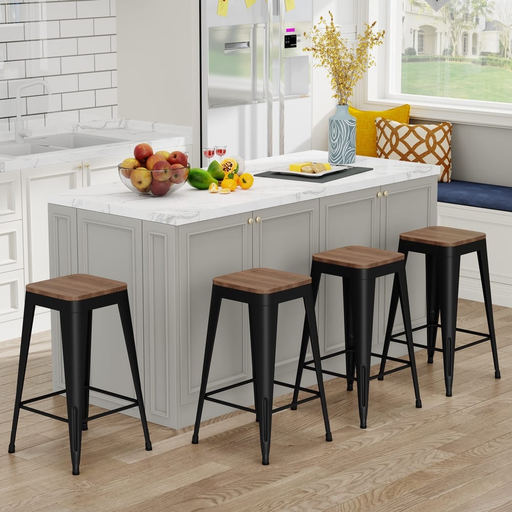 Bar Stools Set of 4 Stackable Metal Bar Stools Industrial Counter Height Stools Backless Barstools with Wooden Seats