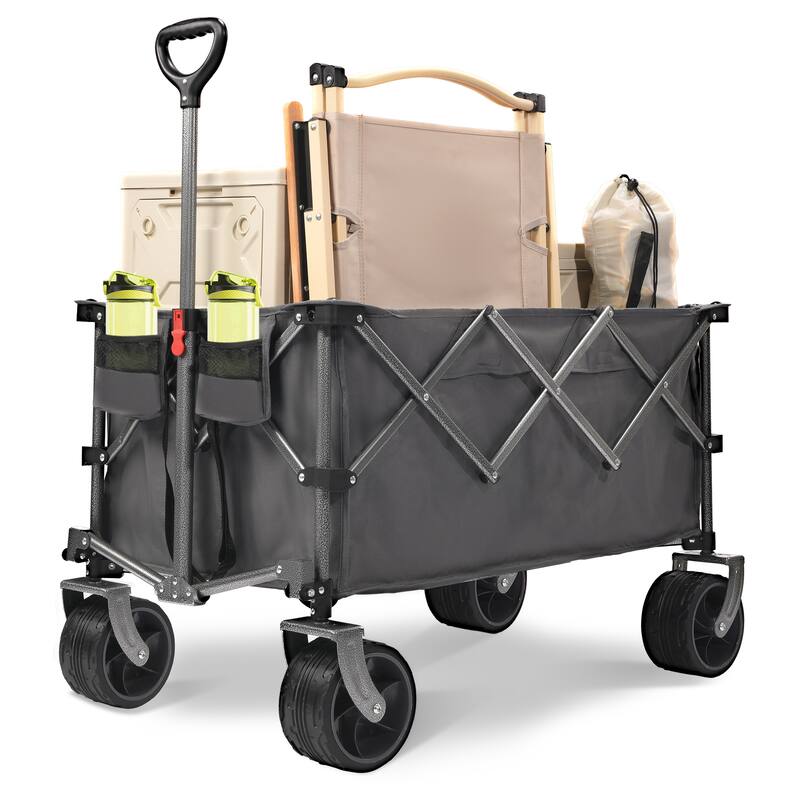 Black Foldable Utility Wagon with All-Terrain Wheels Compact Lightweight Outdoor Cart for Camping