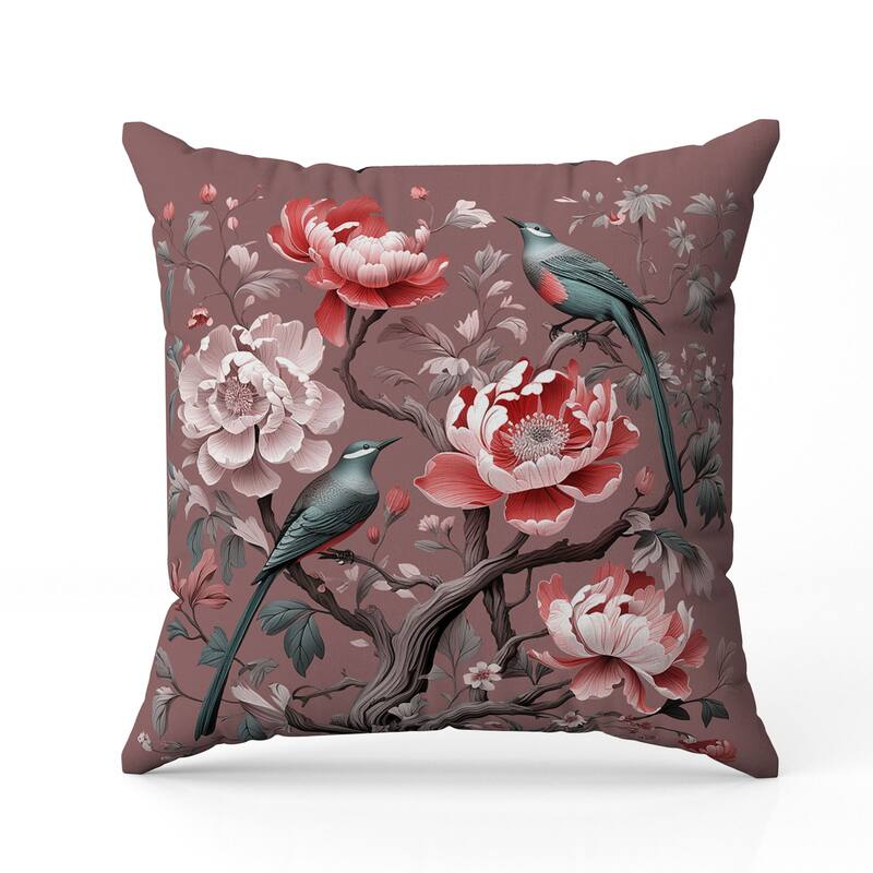 Botanical Bird Ensemble Indoor/Outdoor Reversible Throw Pillow Pink and Red