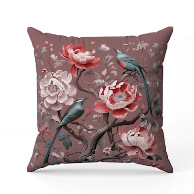 Botanical Bird Ensemble Indoor/Outdoor Reversible Throw Pillow Pink and Red