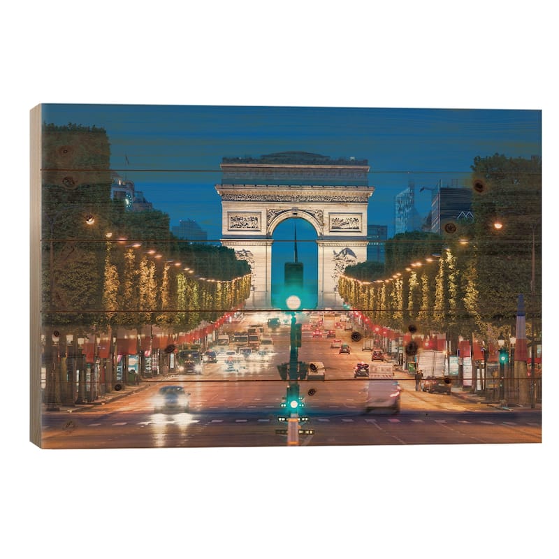 Arc De Triomphe And Avenue Des Champs-Élysées At Night, Paris, France Print On Wood by Jan Becke - Multi-Color - 18x26x1.5