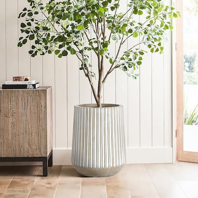 Round Brown and White Striped Handmade Tall Pot Planter