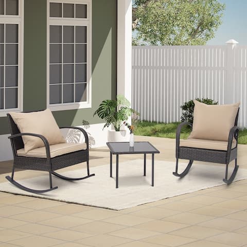 Pellebant 3-Piece Patio Rocking Rattan Bistro Set with Cushions - N/A