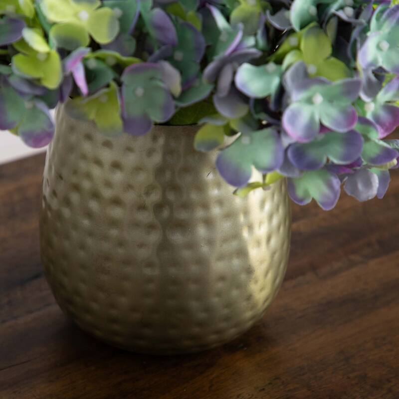 Hydrangea Artificial Floral Arrangement with Punched Vase - 11" - Blue and Yellow