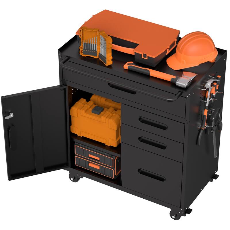 34.3" Mobile Tool Storage Cabinet - Garage Organizer with Lockable Compartment & 4 Drawers, Rolling Steel Chest