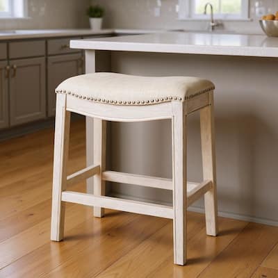 HomeRoots 26" Bone and Antiqued White Fabric and Solid Wood Backless Counter Height Bar Chair