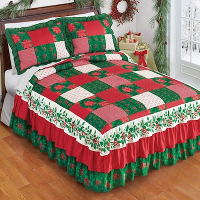 Mistletoe Patchwork Triple Ruffle Holiday Bedspread