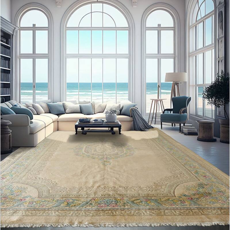 11x18 Hand Knotted Wool Beige Plush Pile Traditional Aubusson Savonnerie Rug - 11' x 18' - 11' x 18'