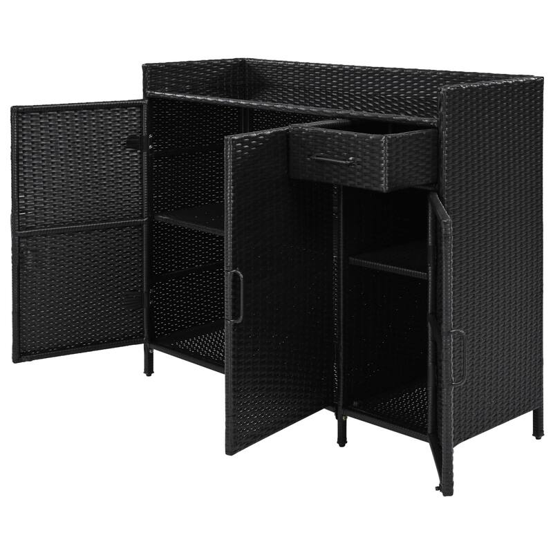 47.5"W Wicker Outdoor Storage Cabinet with Glass Desktop, Weather-proof Rattan Bar Table with Three Doors, Adjustable Shelf