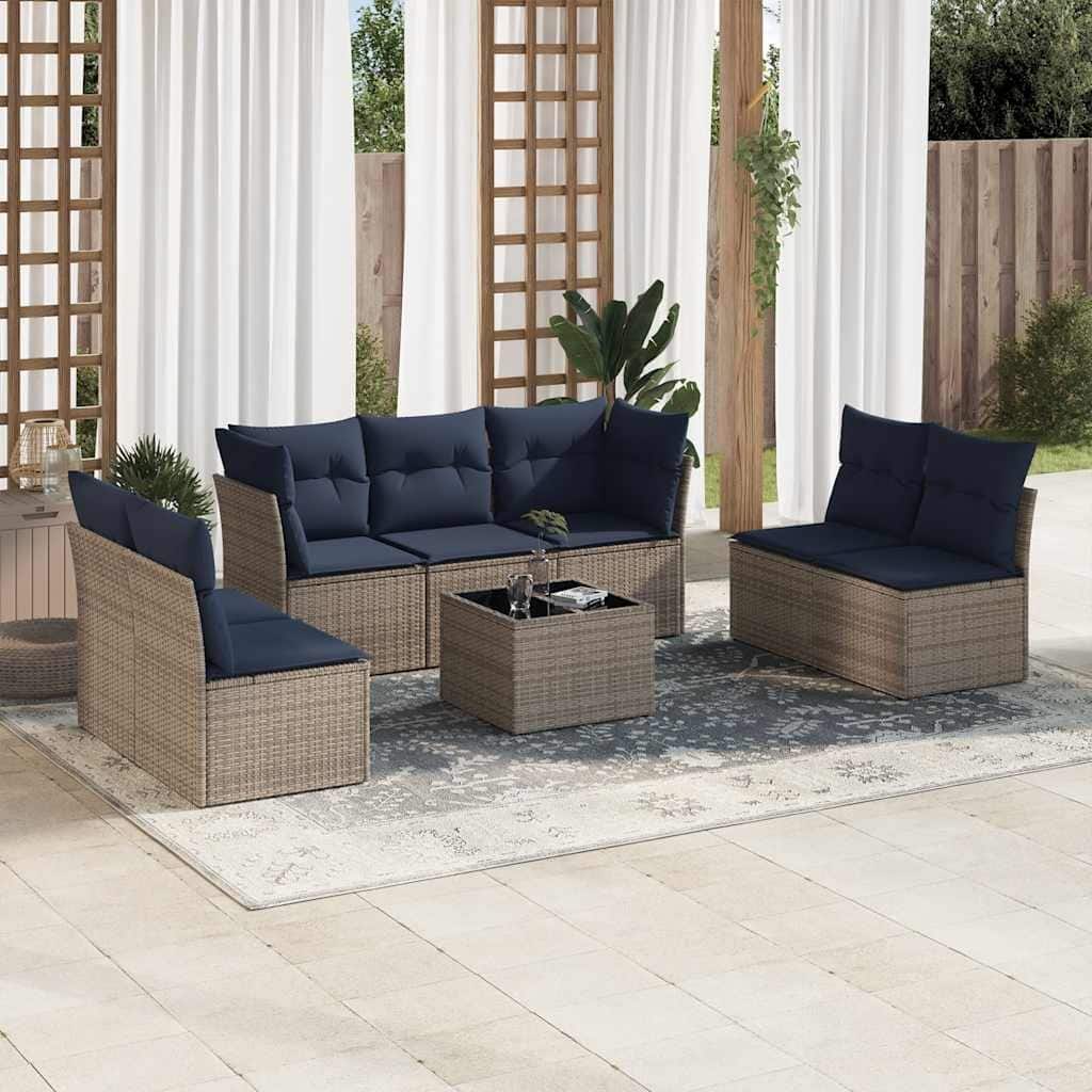 vidaXL 7/8 Piece Patio Sofa Set with Cushions Black/Brown/Gray Poly Rattan - 24.4 x 24.4 x 27.2