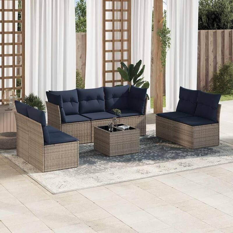 vidaXL 7/8 Piece Patio Sofa Set with Cushions Black/Brown/Gray Poly Rattan - 24.4 x 24.4 x 27.2 - Gray and navy blue With table