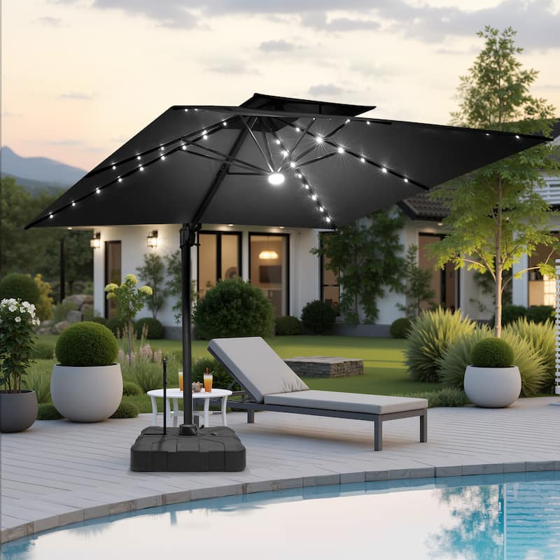 Pellebant 11 FT Square Outdoor Patio Double Top Cantilever Umbrella Solar LED Lighted with Rod Base