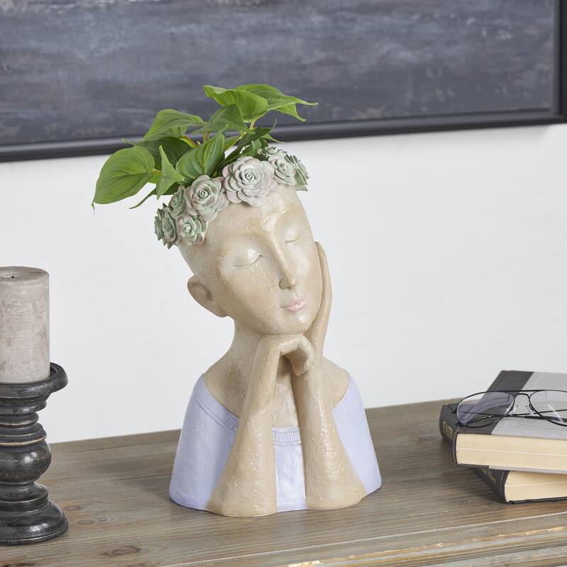 Resin Woman Bust Indoor Outdoor Planter with Succulent or Flower Crown and Orange or Blue Top - Beige - Roche River Decor