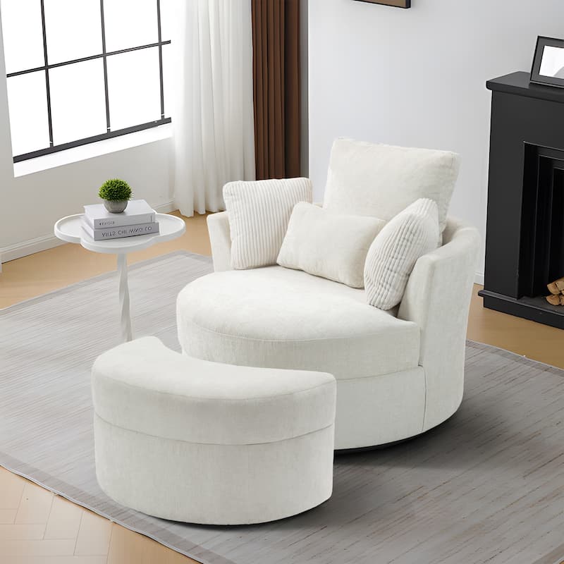 Upholstered Swivel Accent Chair with Wooden Tray Storage Ottoman