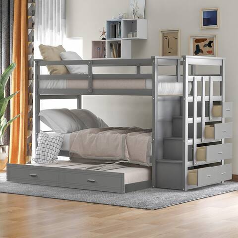 Twin Over Twin Bunk Bed Hardwood Bunk Bed with Trundle and Staircase