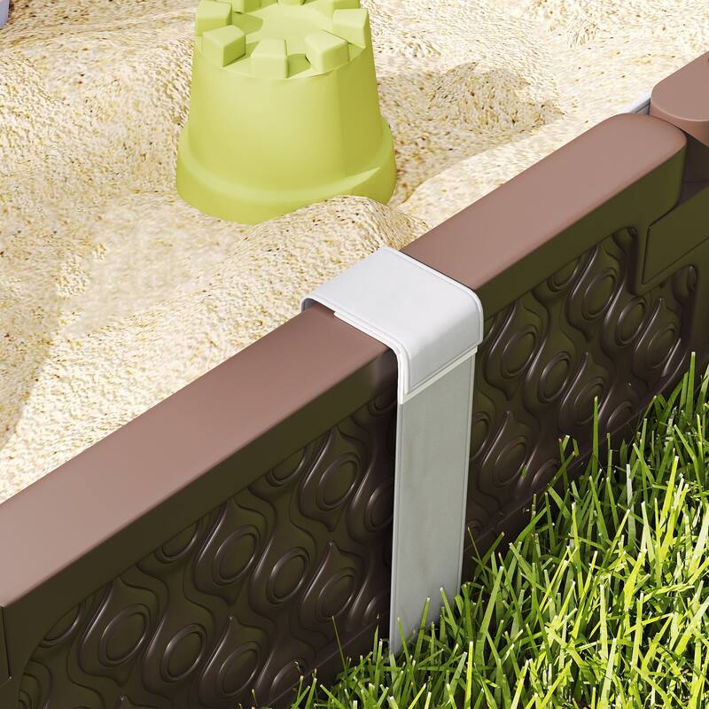 Dark Brown HDPE Kids Sandbox with Four Seats Large Outdoor Play Sandpit Waterproof Cover - 46.9" L x 46.9" W x 8.7" H