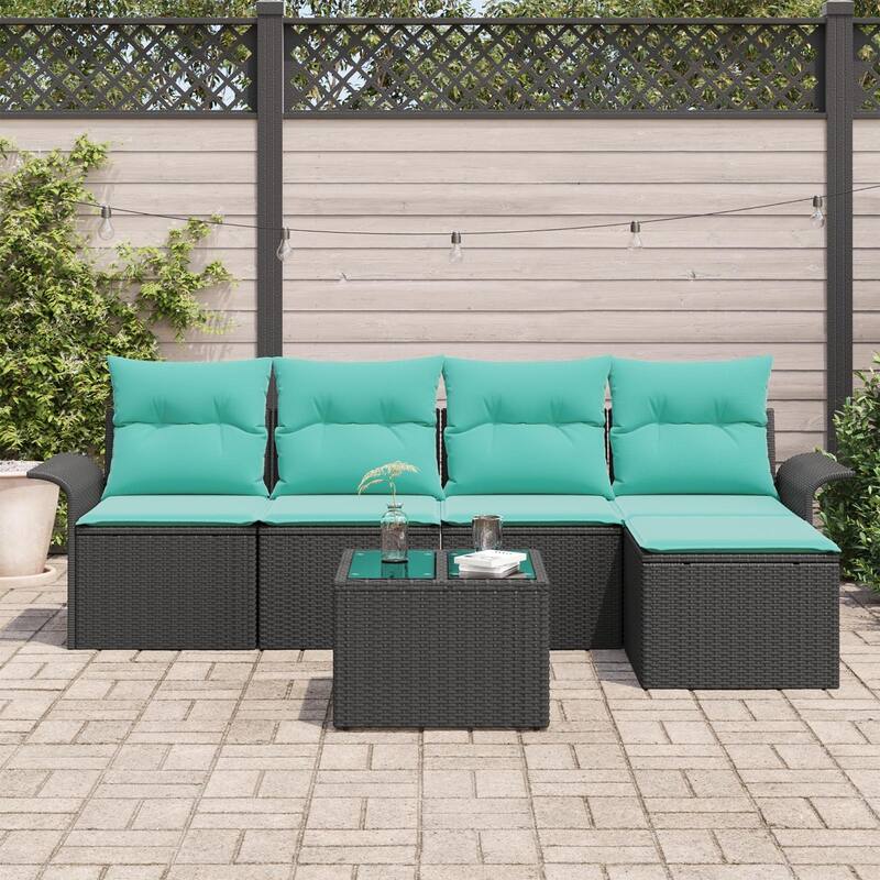 vidaXL 6 Garden Sofa Set with Cushions Black Poly Rattan - 98.8 x 46.1 x 27.2