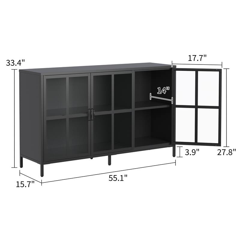 Heavy Duty Metal Modern Sideboard Buffet Cabinet with Storage Premium Steel Storage Cabinet, Adjustable Feet, Glass Doors