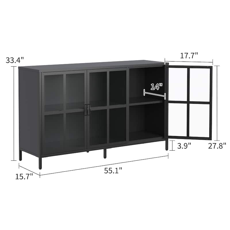 Heavy Duty Metal Modern Sideboard Buffet Cabinet with Storage Premium Steel Storage Cabinet ,Adjustable Feet,Glass Doors - Black