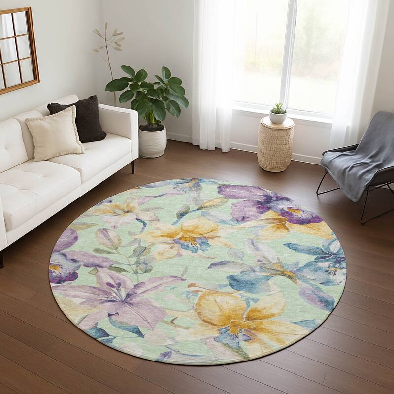 Machine Washable Indoor/ Outdoor Modern Floral Chantille Rug