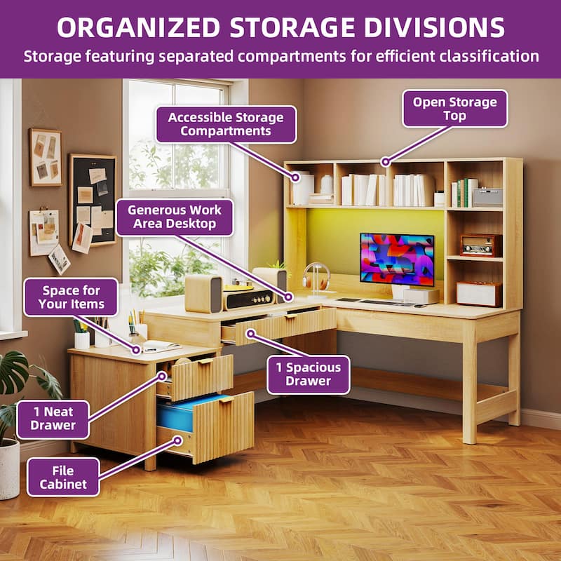 Moasis Modern L Shaped Computer Desk with Hutch and Drawers LED Office Desk w/Power Outlets
