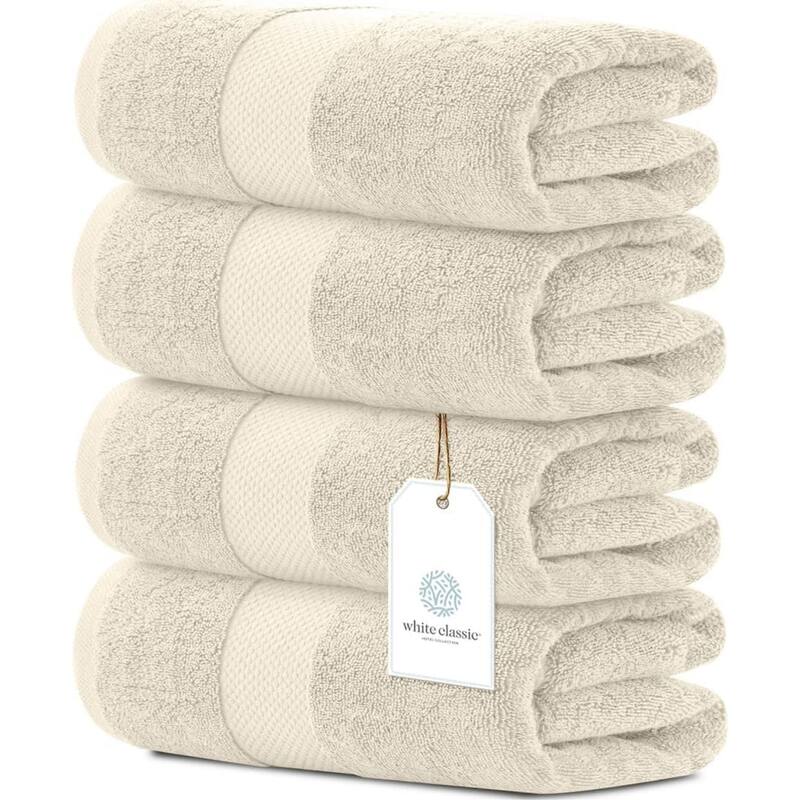 White Classic Luxury Cotton Bath Towel 27x54 - Set of 4 - Ivory
