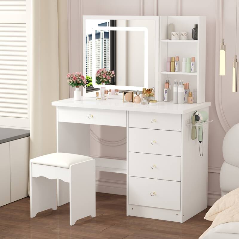 Vanity Desk Lighted Mirror Makeup Vanity Table Set w/Charging Station