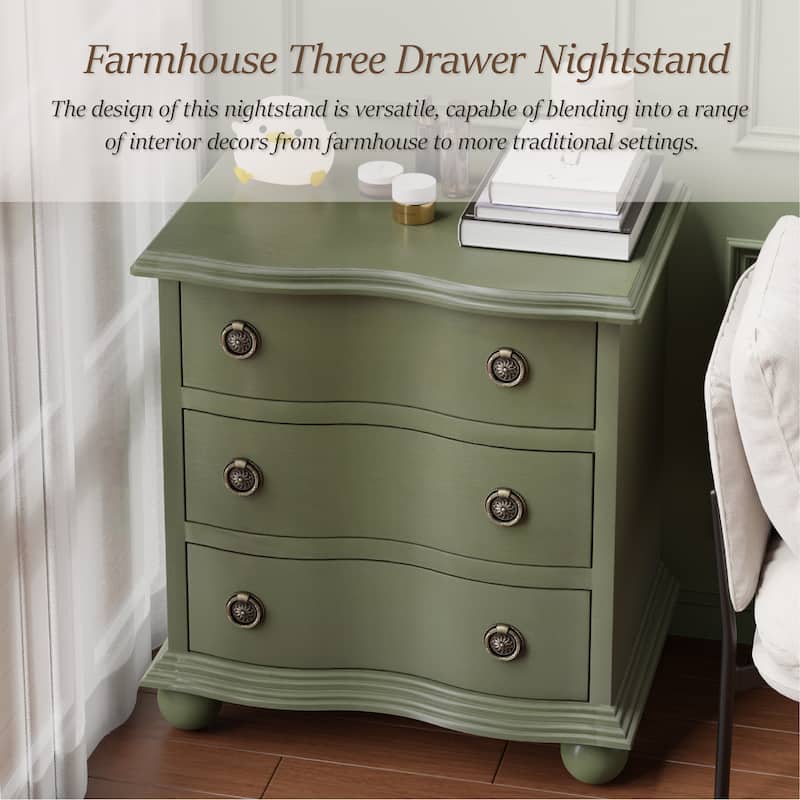 COZAYH Farmhouse 3 Drawer Nightstand with Distressed Wood Finish, Rustic Vintage Dresser with Curved Front Design