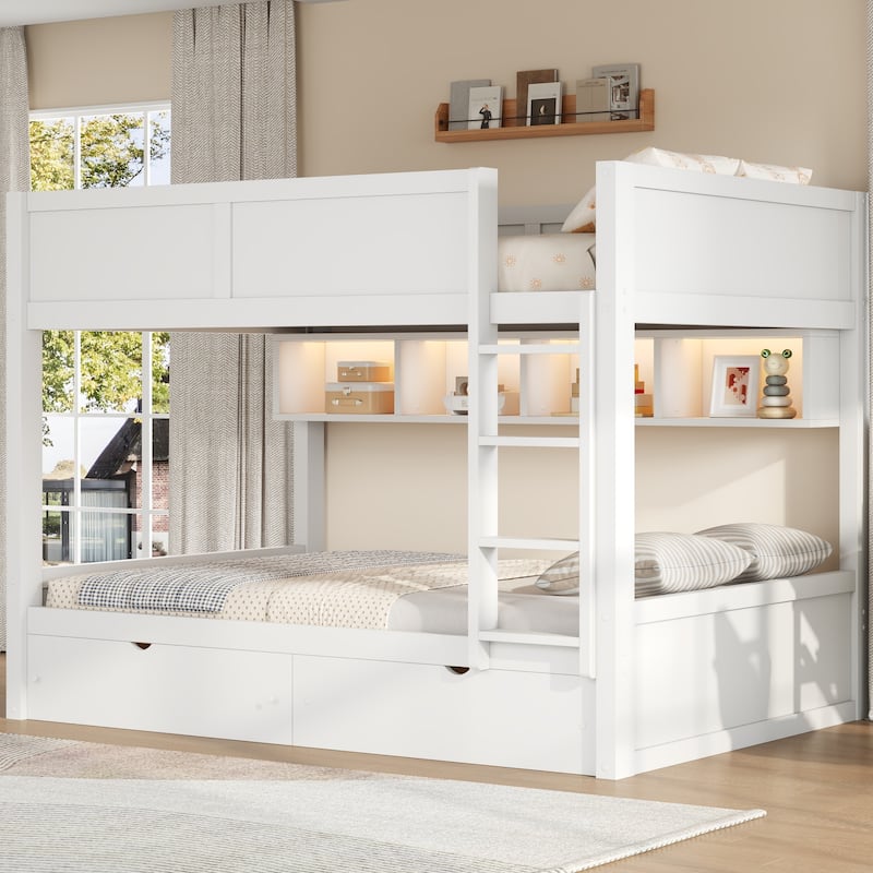Roomfitters Full XL Over Full XL Bunk Bed with Storage Cabinets, LED Light and Drawers