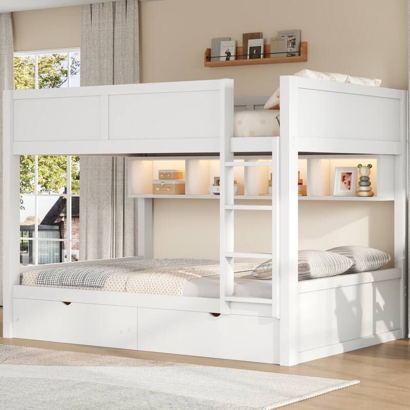 Wooden Full XL Over Full XL Bunk Bed with Storage Cabinets Built-in LED Lighting and 2 Pull-out Storage Drawers