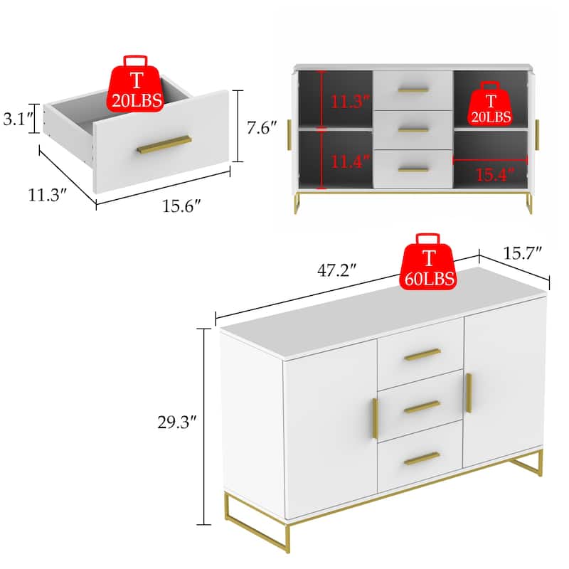 47" Buffet Credenza with Double Doors and 3 Drawers - 47.2"L
