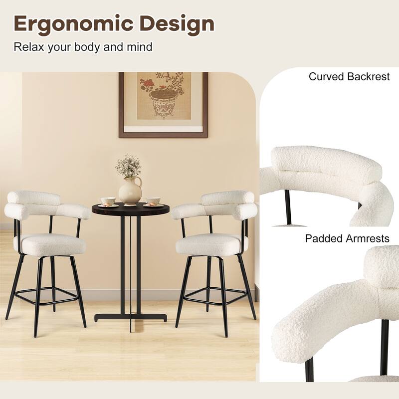 Set of 2 Counter Height Plush Boucle Fabric Bar Stools with Swivel Seat for Kitchen or Cafe - 25" x 21" x 39.5"