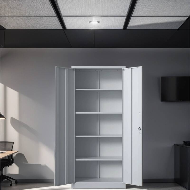 71"H Metal Lockable Storage Cabinet with Doors and 4 Shelves - White