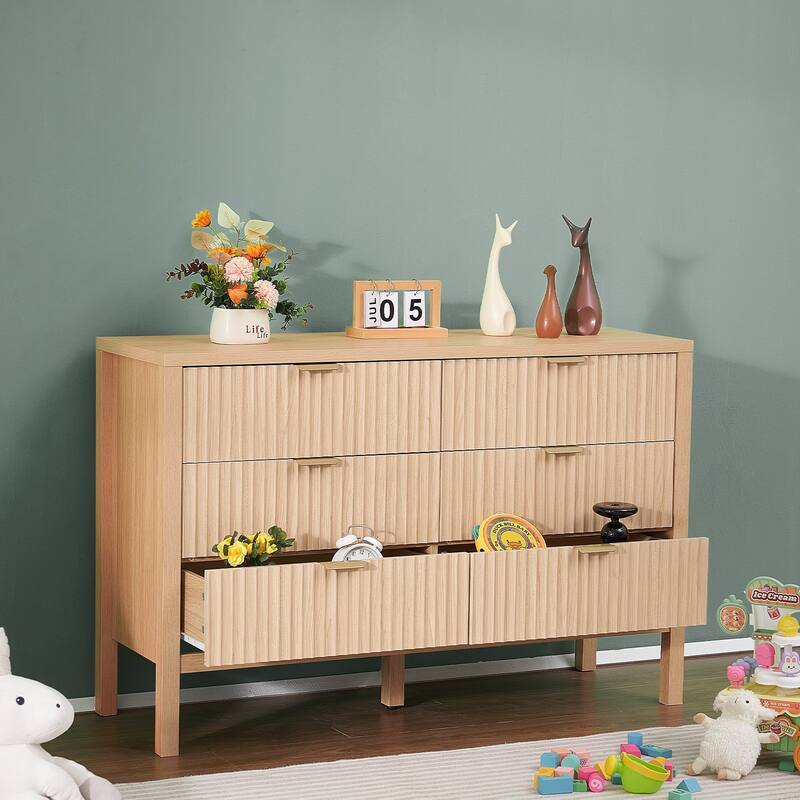 Light Wood MDF Drawer Dresser with Drawers, Wavy Design and Metal Handles