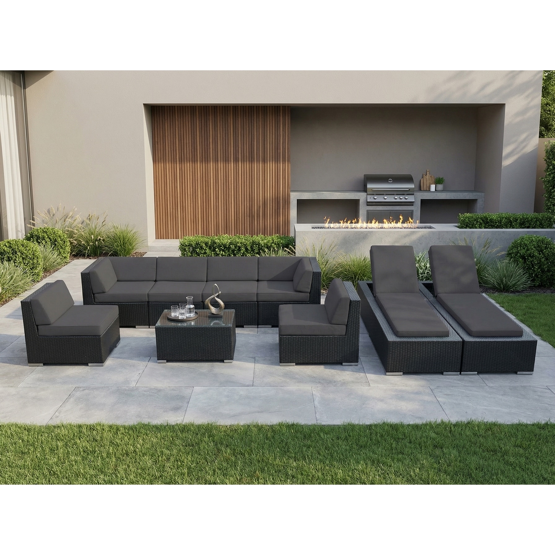 Ohana Outdoor Patio 9 Piece Black Wicker Sofa and Chaise Lounge Set - No Assembly
