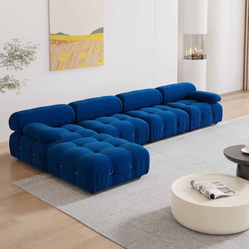 Blue Velvet Upholstered Sectional Sofa - 4seats+1ottoman