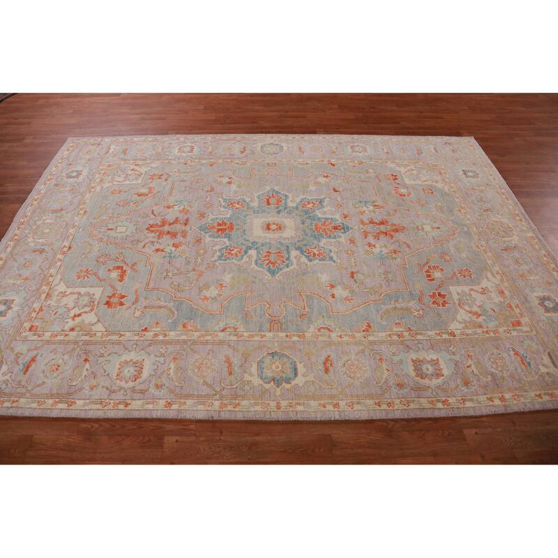 Hand Knotted Oriental 100% Wool Carpet Transitional Medallion Purples Oushak Area Rug - 9' 0'' X 6' 2''