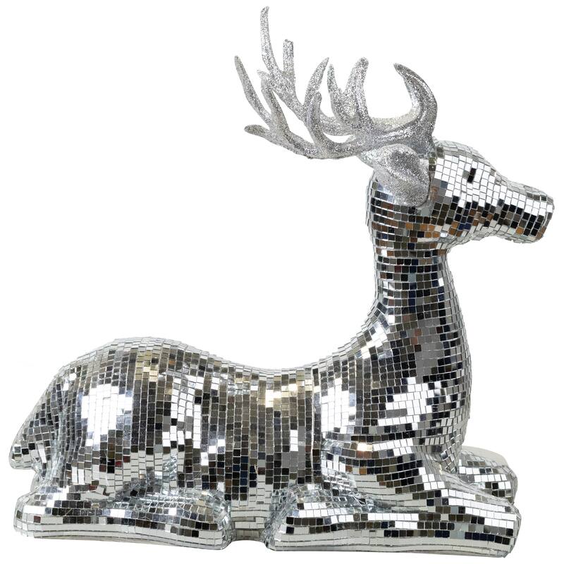 Mirrored and Glittered Sitting Deer Christmas Figure - 14.25" - Silver