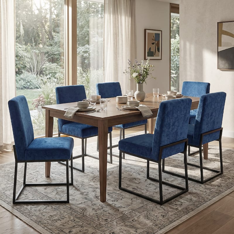 Mid Century Modern Dining Chair with Black Metal Legs - Set of 6 - Blue-unstriped